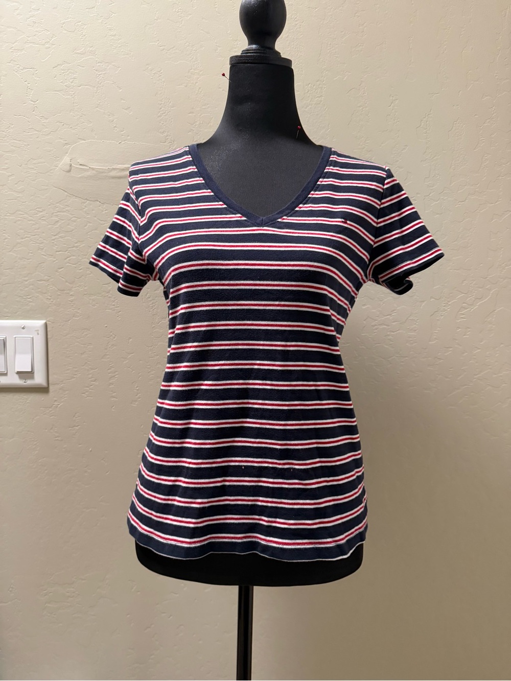 Tommy Hilfiger Navy, White & Pink Striped V‑Neck Tee